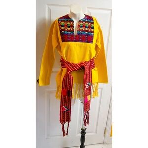 Vibrant Yellow Embroidered Top with Red Sash